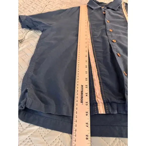 Caribbean silk blend blue short sleeve collared button up dress shirt size Large - Picture 9 of 10